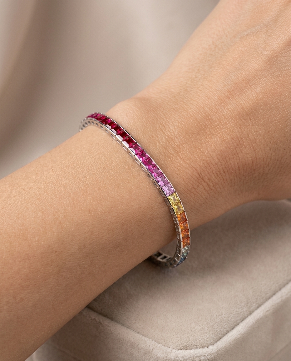 Rainbow Bracelet Synthetic Stones in White Gold on model