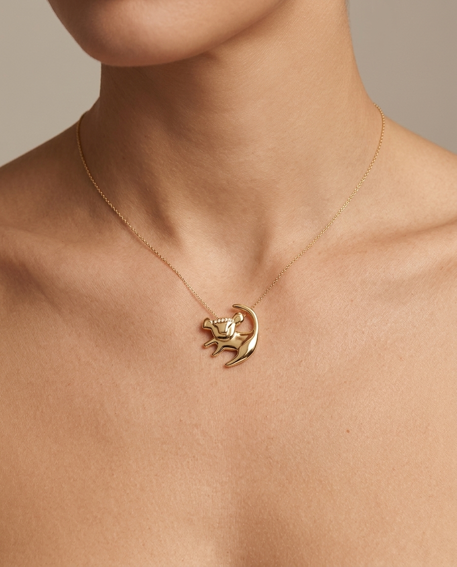 Large Simba Pendant with Diamonds in Yellow Gold on model