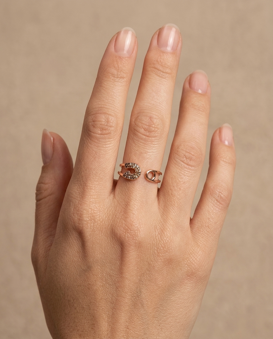 Custom Open Safety Pin Ring with Diamonds in Rose Gold on model
