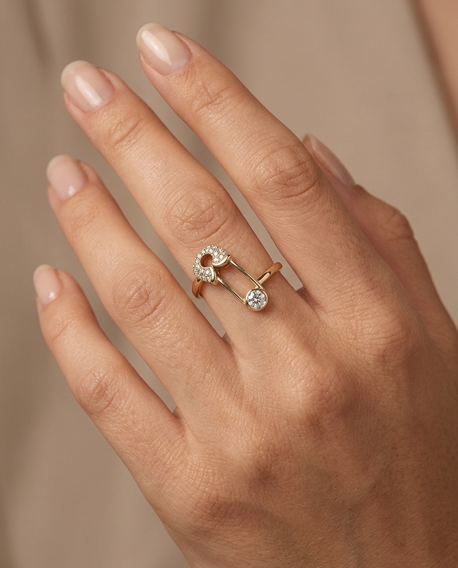 Custom Closed Safety Pin Ring with Diamonds in Yellow Gold on model