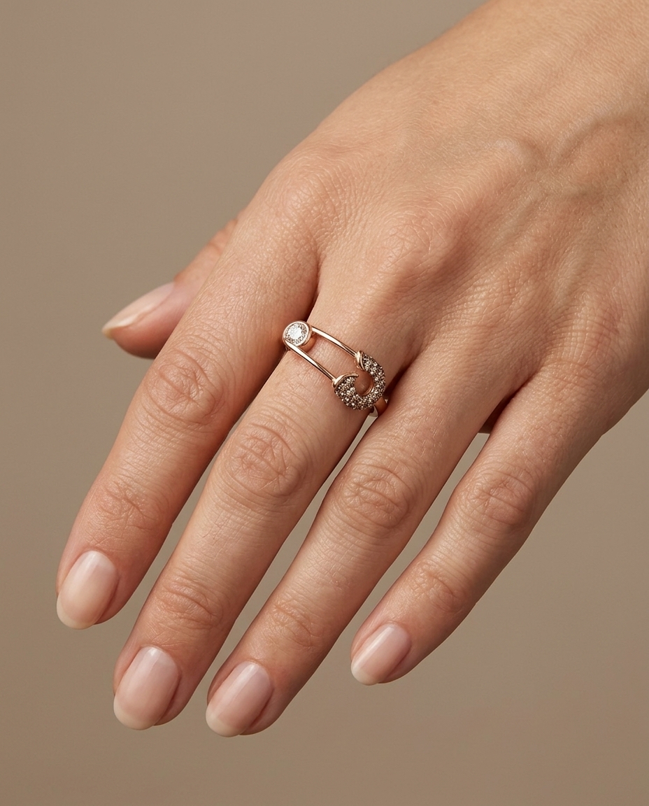 Custom Closed Safety Pin Ring with Diamonds in Rose Gold on model