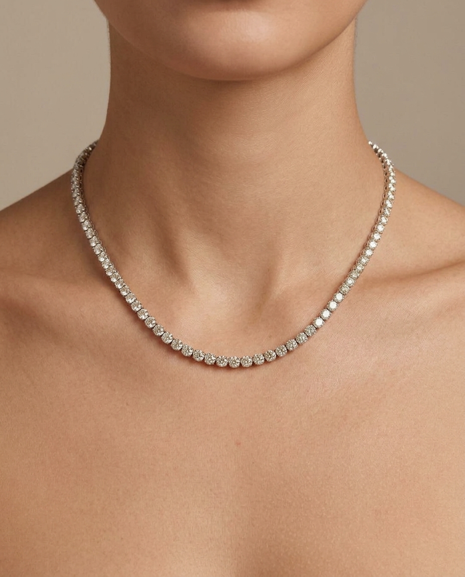 Tennis Necklace White 3prong Round in White Gold on model