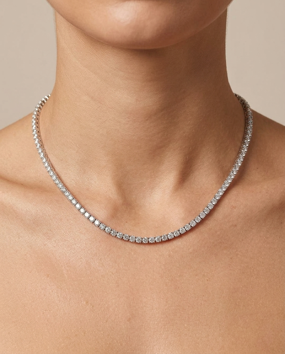 Tennis Necklace White 4prong Hexagon 2 Pt Expertly Crafted in Italy Using Revolutionary Die Struck Technology in White Gold on model