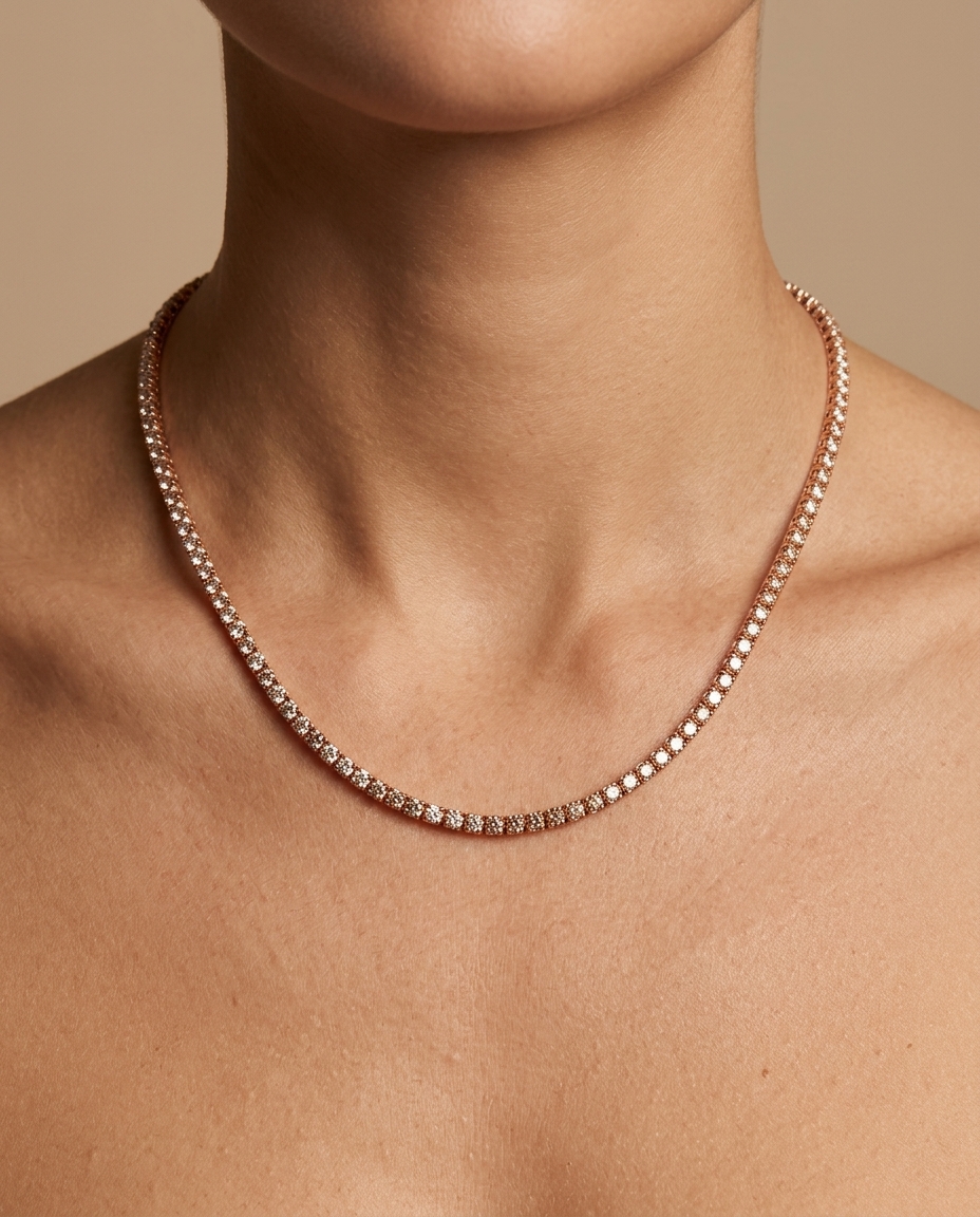 Tennis Necklace Rose 4prong Hexagon 2 Pt Expertly Crafted in Italy Using Revolutionary Die Struck Technology in Rose Gold on model