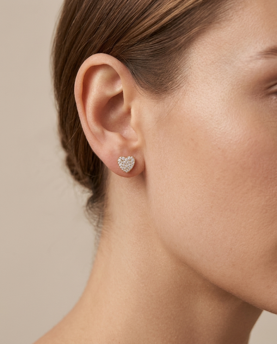 Diamond Heart Cluster Earrings Stud in Yellow Gold on model