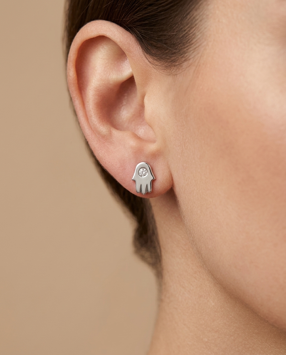 Diamond Single Stone Hamsa Earrings Stud in White Gold on model