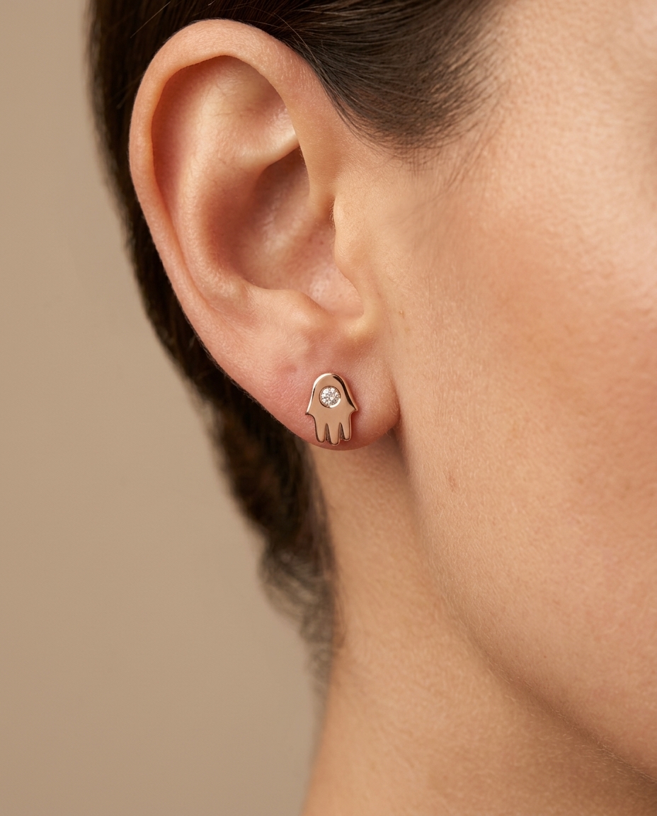 Diamond Single Stone Hamsa Earrings Stud in Rose Gold on model