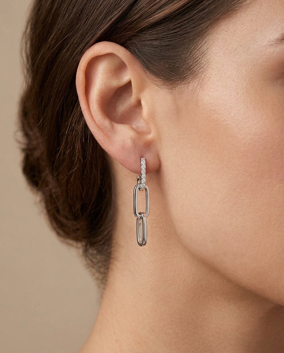 Diamond Dangling Paperclip Earrings in White Gold on model