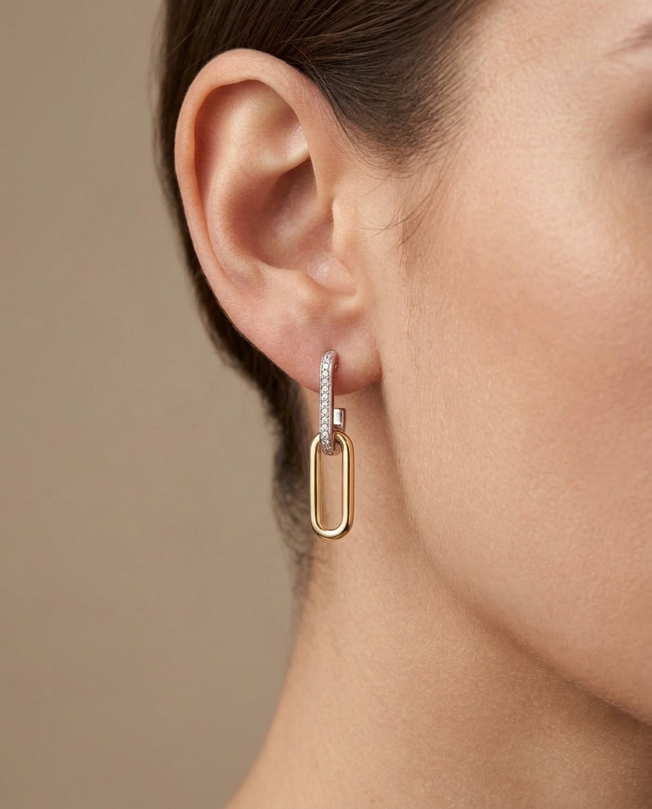 Diamond Paperclip Earrings in Two-Tone on model