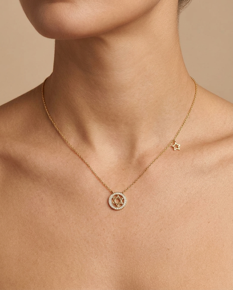 Diamond Star of David with Circle Border Necklace in Yellow Gold on model