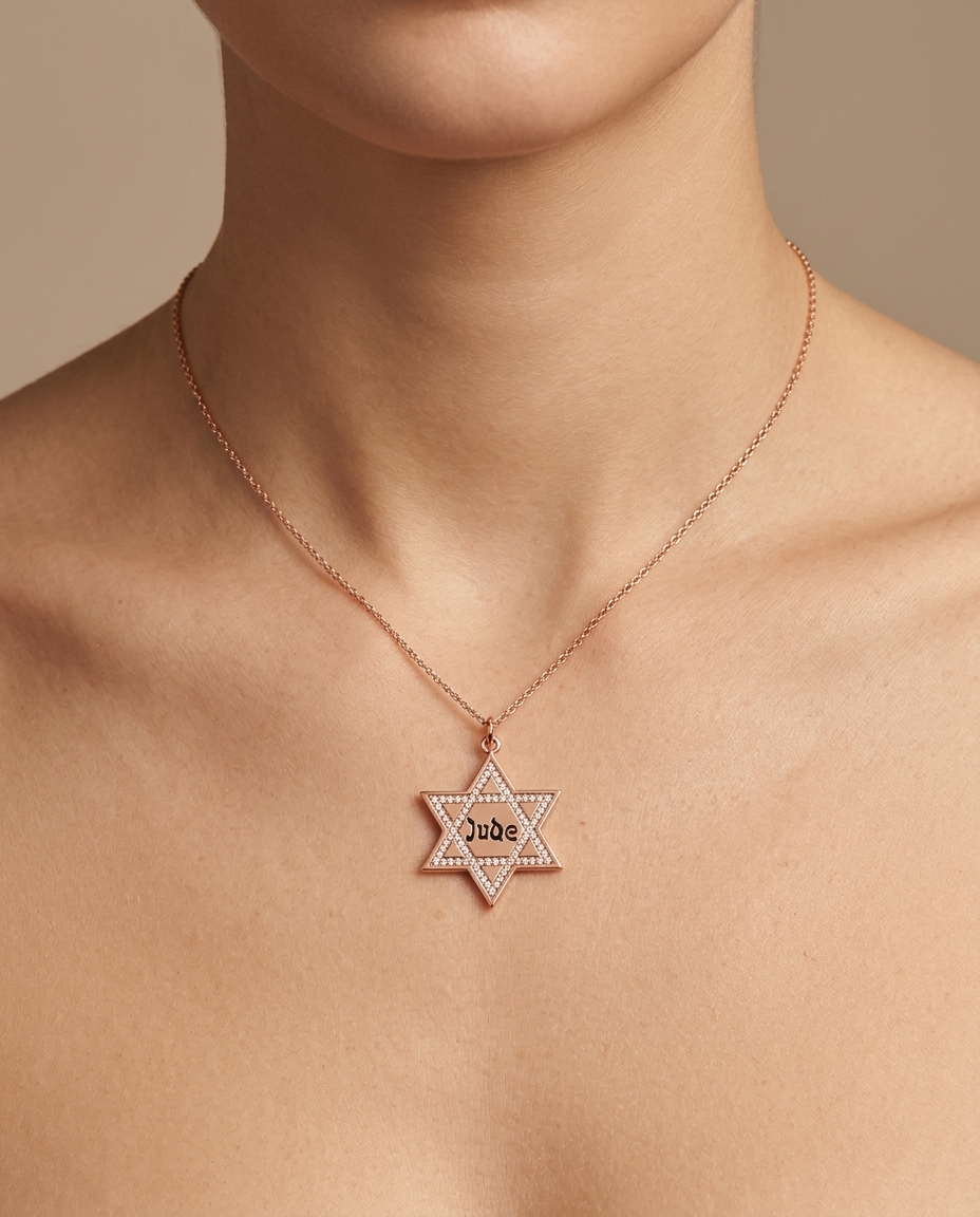 Star of David Jude Pendant with Diamonds in Rose Gold on model