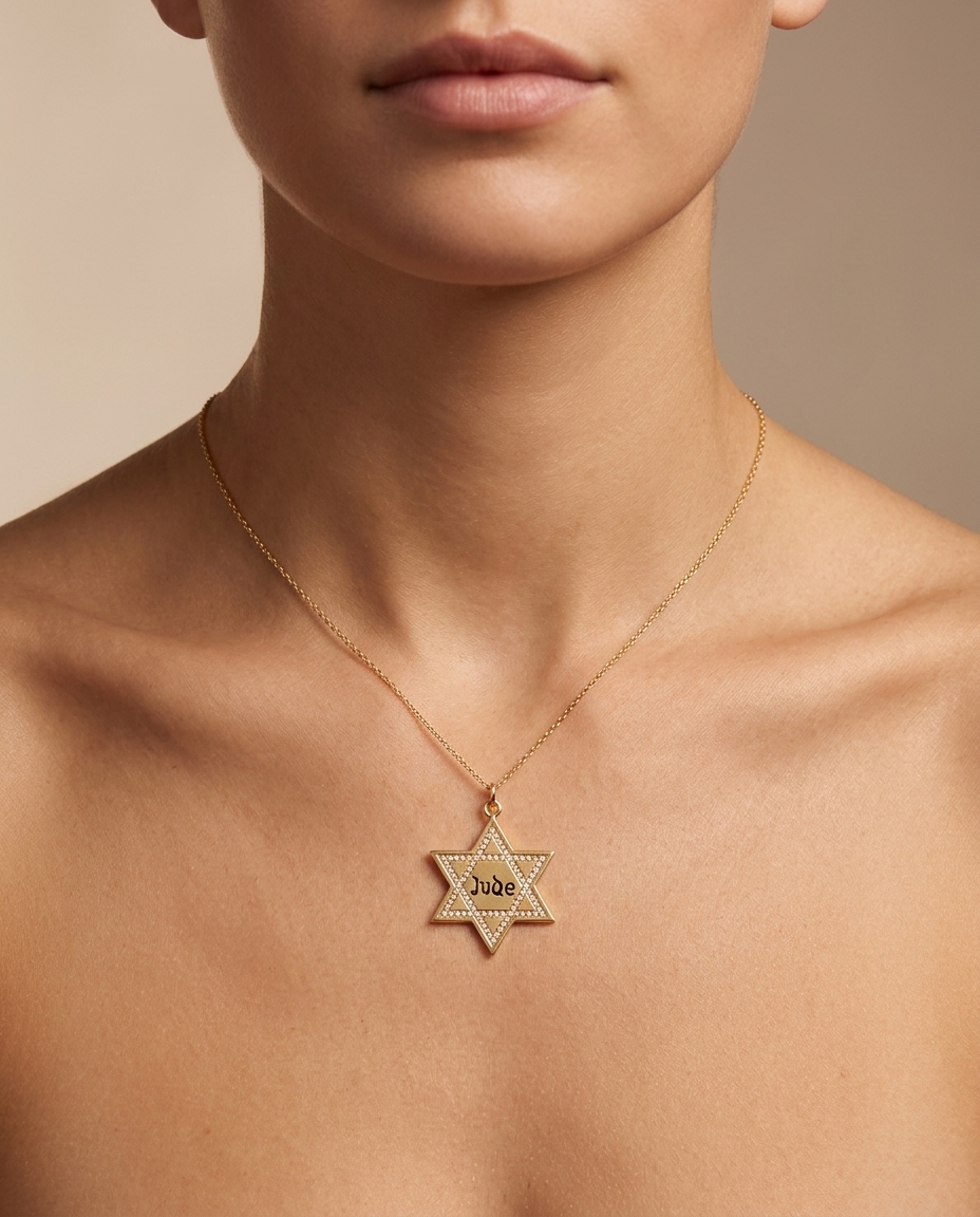 Star of David Jude Pendant with Diamonds in Yellow Gold on model