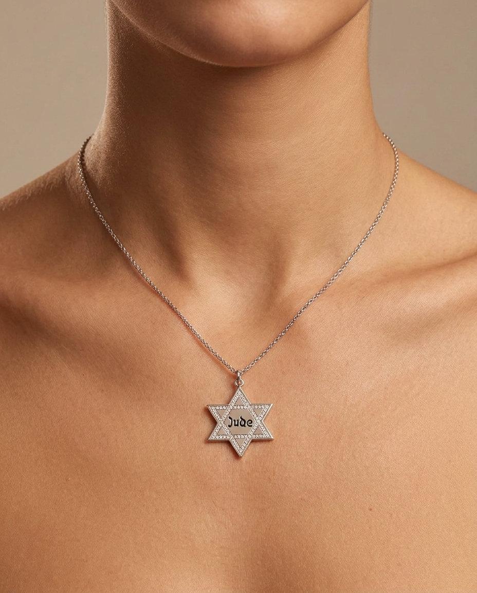 Star of David Jude Pendant with Diamonds in White Gold on model