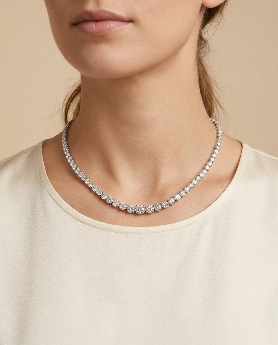 Tennis Necklace White 3prong Graduated in White Gold on model