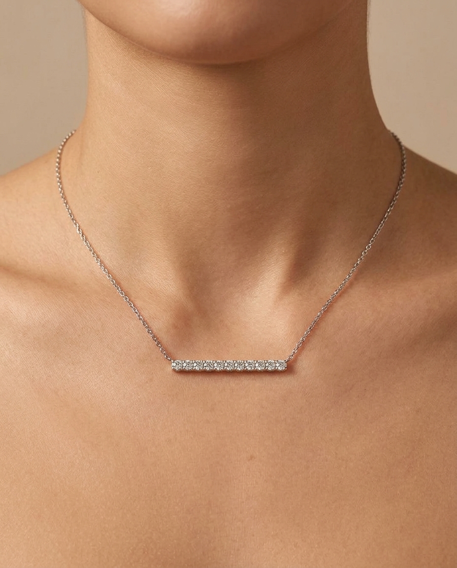 Diamond Horizontal Single Row Bar Necklace with in White Gold on model