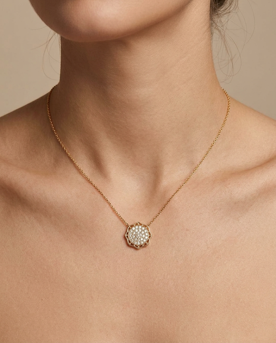 Diamond Flat Disc Necklace with in Yellow Gold on model