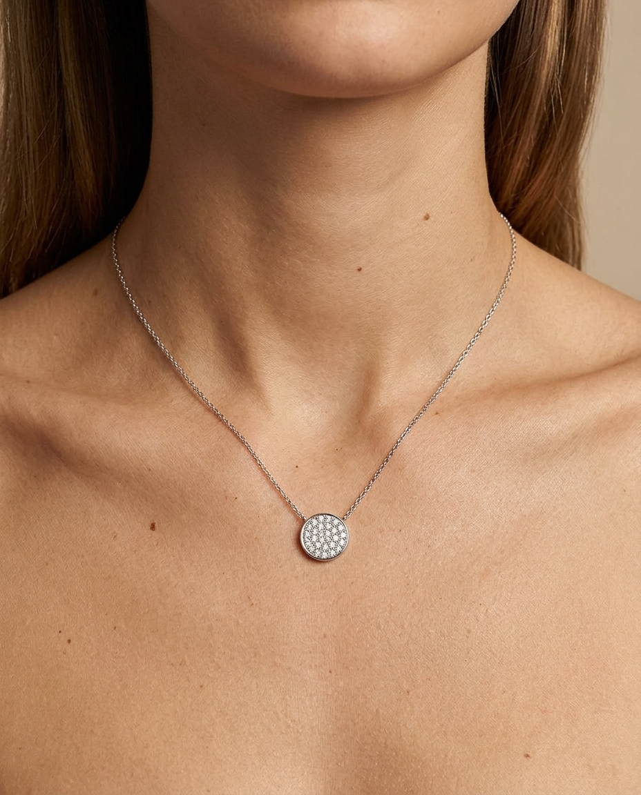Diamond Flat Disc Necklace with in White Gold on model