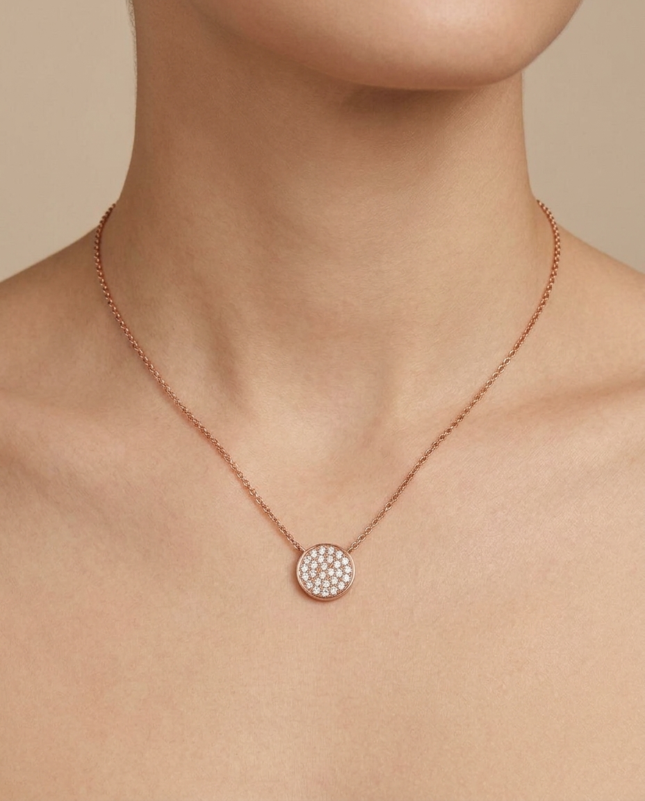 Diamond Flat Disc Necklace with in Rose Gold on model