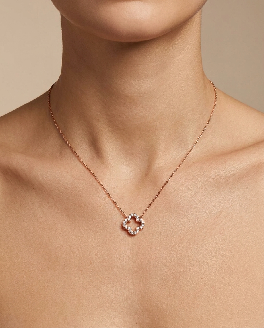 Diamond Open 4-Leaf Clover Necklace with in Rose Gold on model