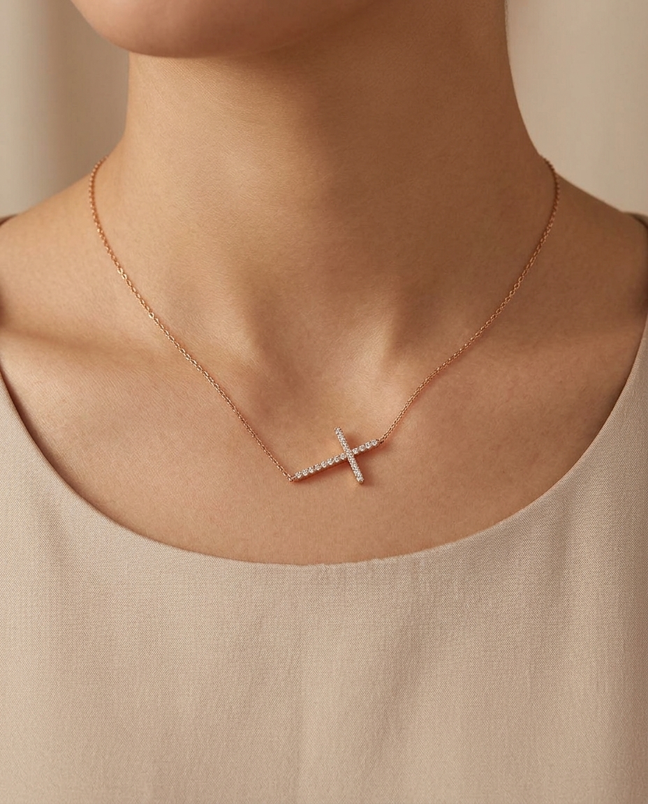Diamond Sideways Cross Necklace with in Yellow Gold on model