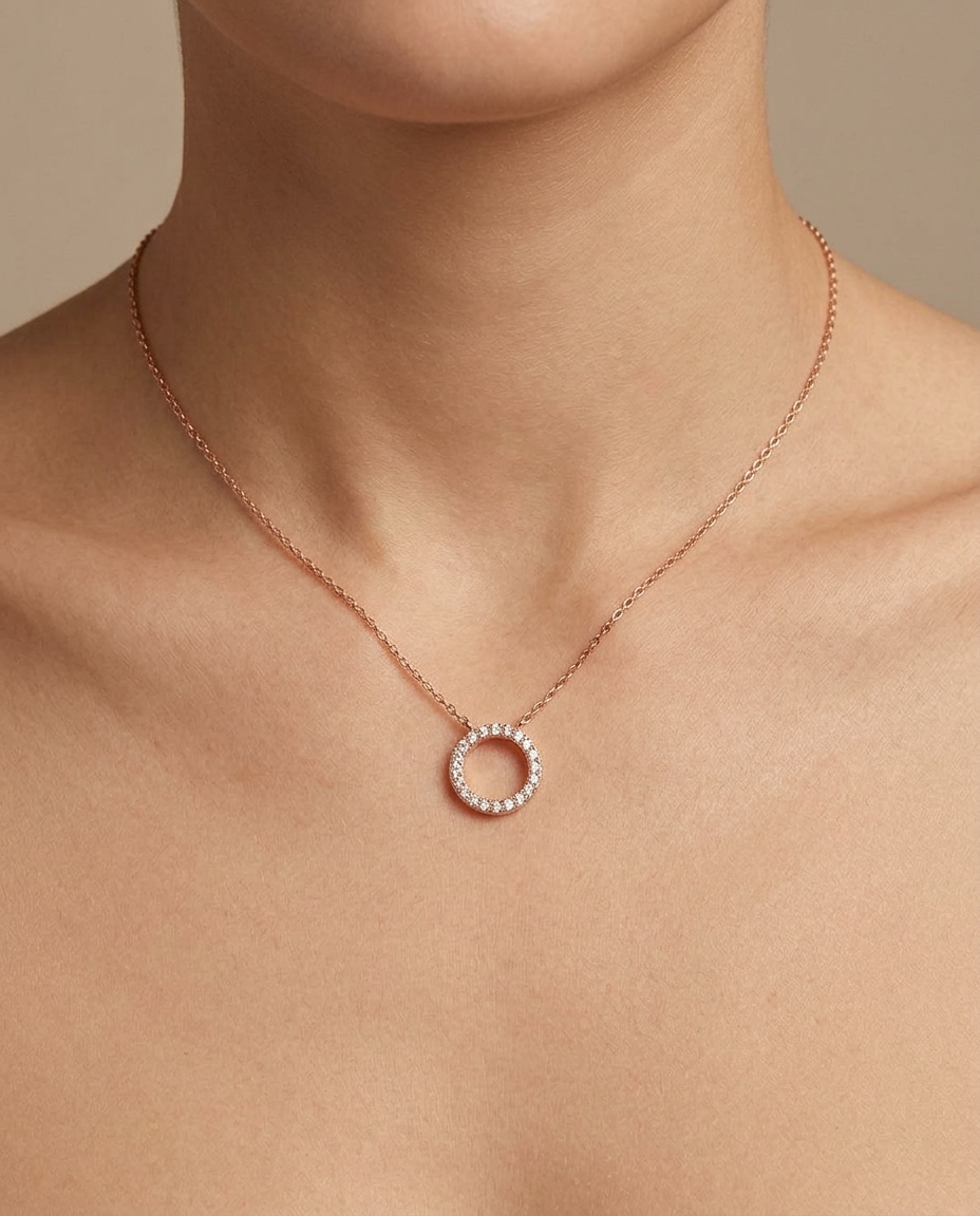 Diamond Diamond Circle Necklace with in Rose Gold on model