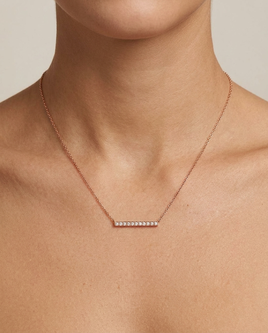 Diamond Horizontal Single Row Bar Necklace with in Rose Gold on model