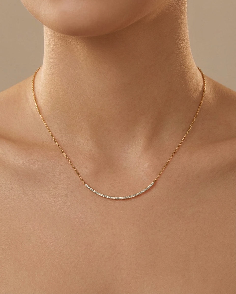 Diamond Horizontal Curved Bar Necklace with in Yellow Gold on model