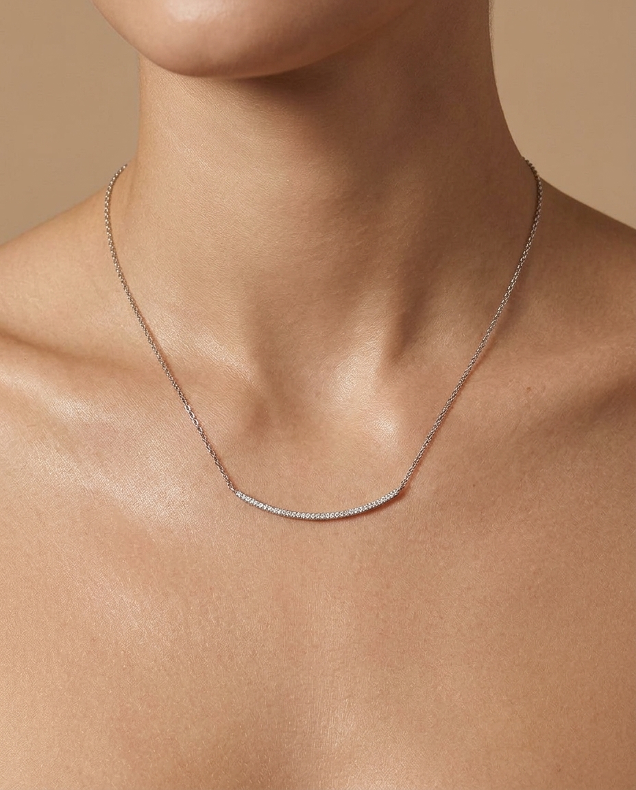 Diamond Horizontal Curved Bar Necklace with in White Gold on model