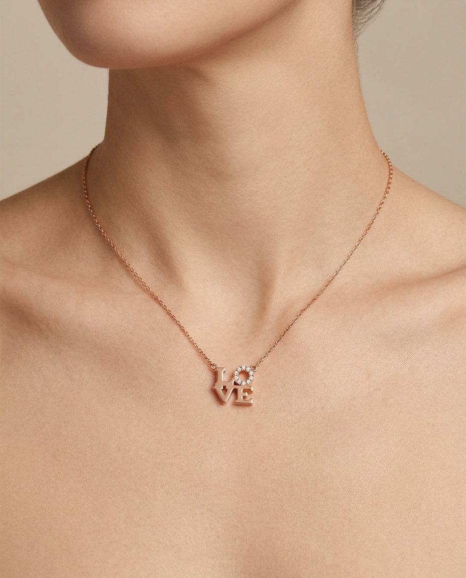 Diamond Square Shaped "LOVE" Necklace with in Rose Gold on model