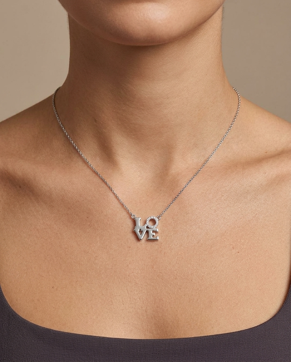 Diamond Square Shaped "LOVE" Necklace with in White Gold on model