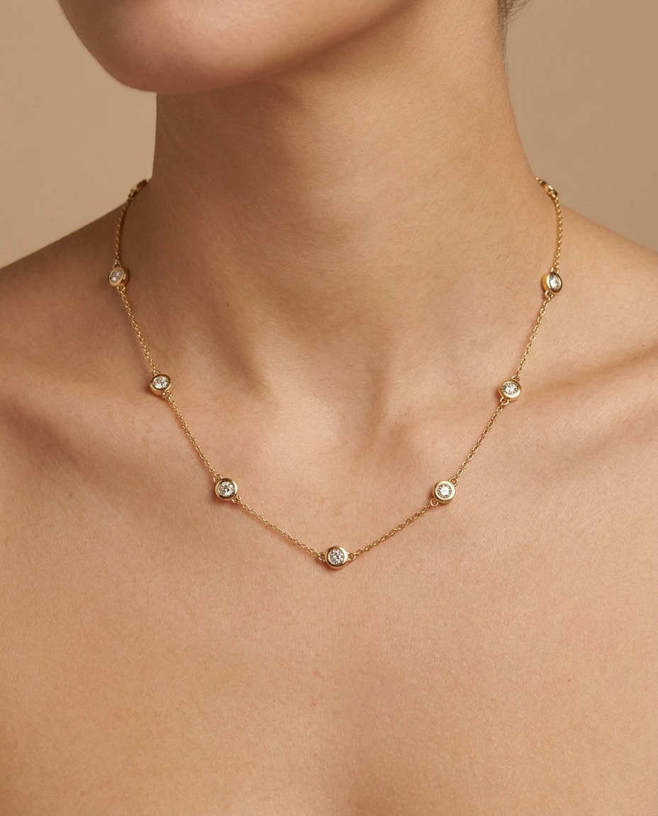 Diamond 16 Stones Bezel Necklace with in Yellow Gold on model