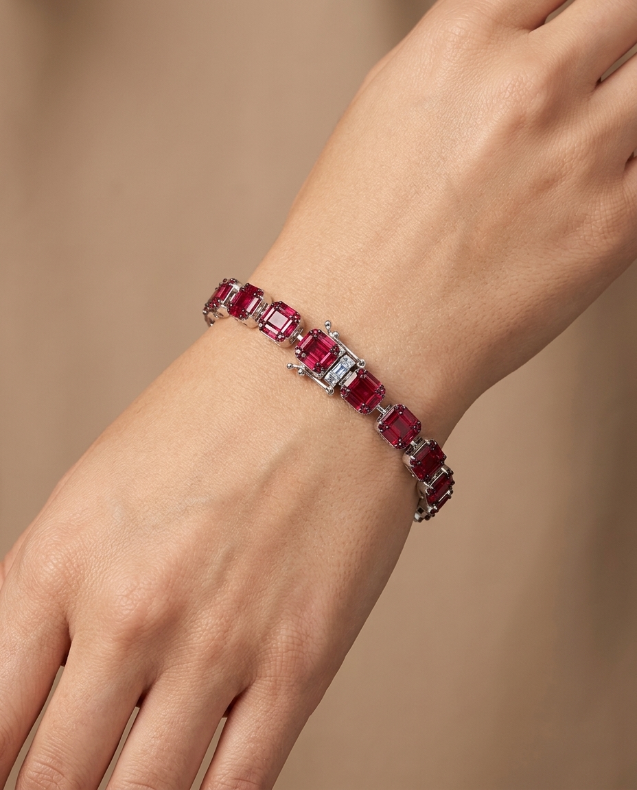18KT Gold Ruby & Diamond Baguette Bracelet view 2