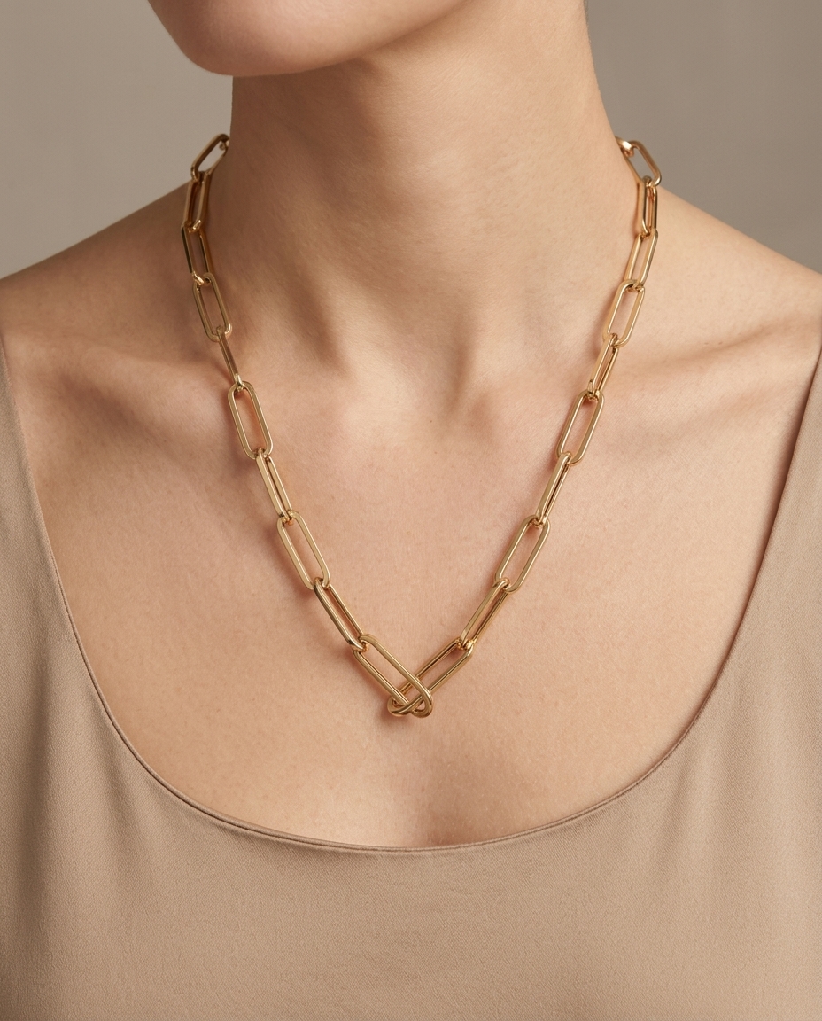14KT Gold Paperclip Necklace on model