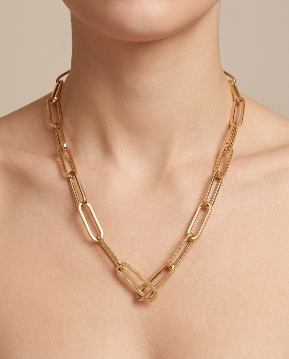 14KT Gold Paperclip Necklace on model