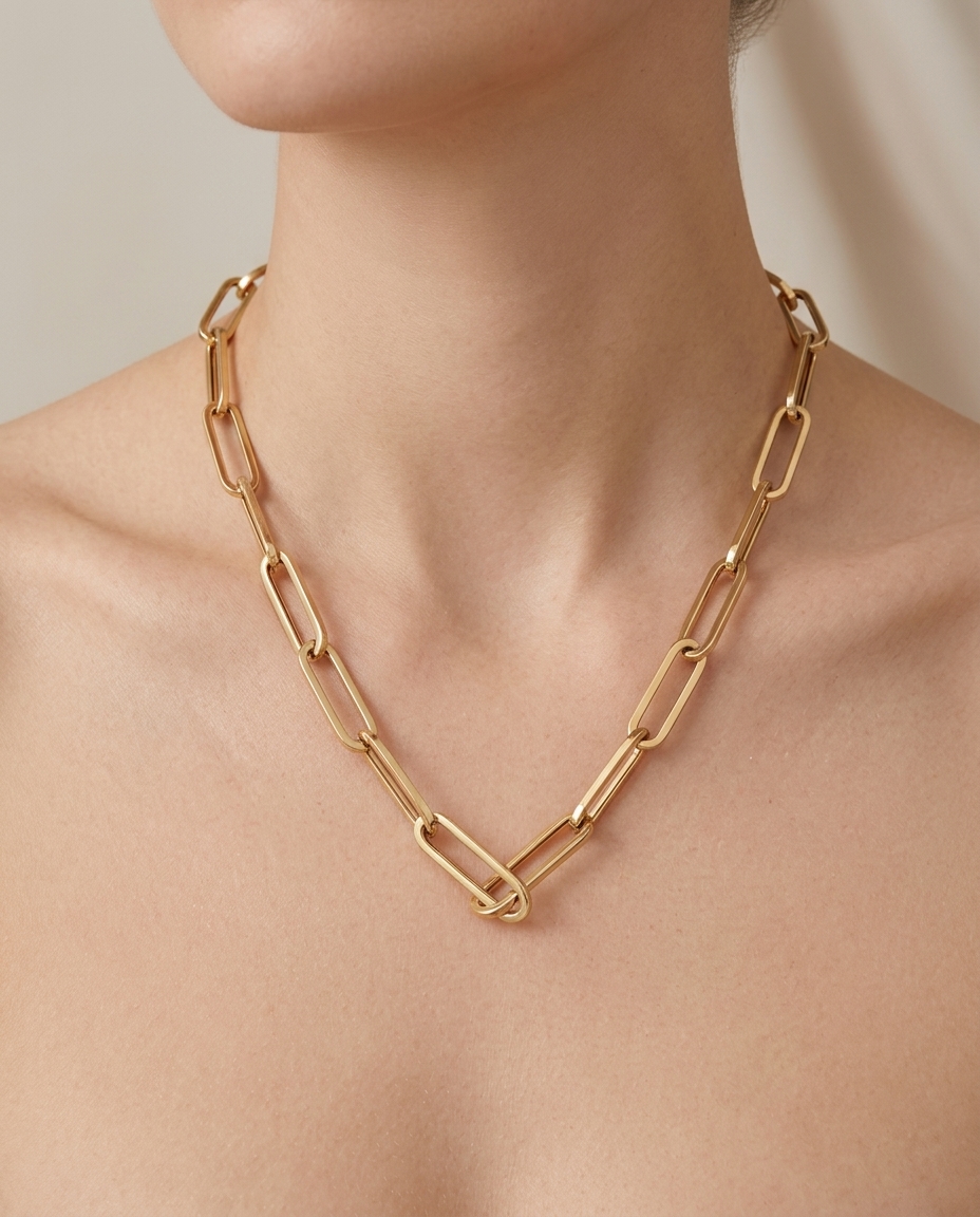 14KT Gold Paperclip Necklace on model