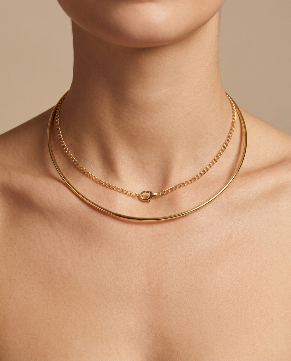 14KT Gold Omega Choker Necklace on model