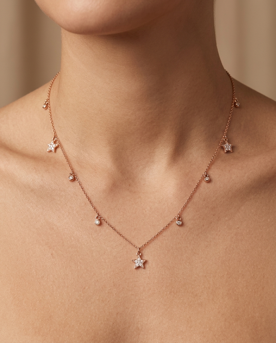 14KT Rose Gold Diamond Dangline Star Necklace on model