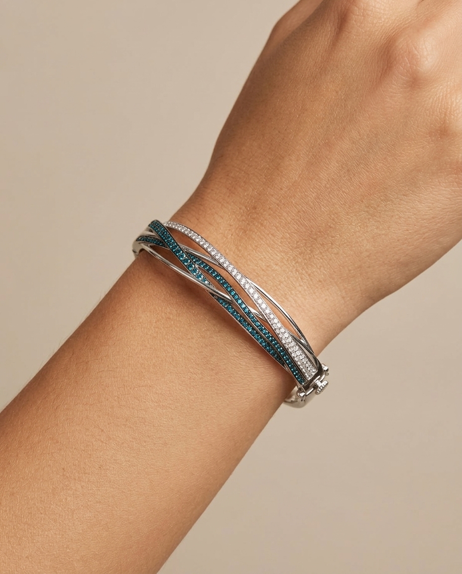 14KT White Gold White and Blue Diamond Bangle on model