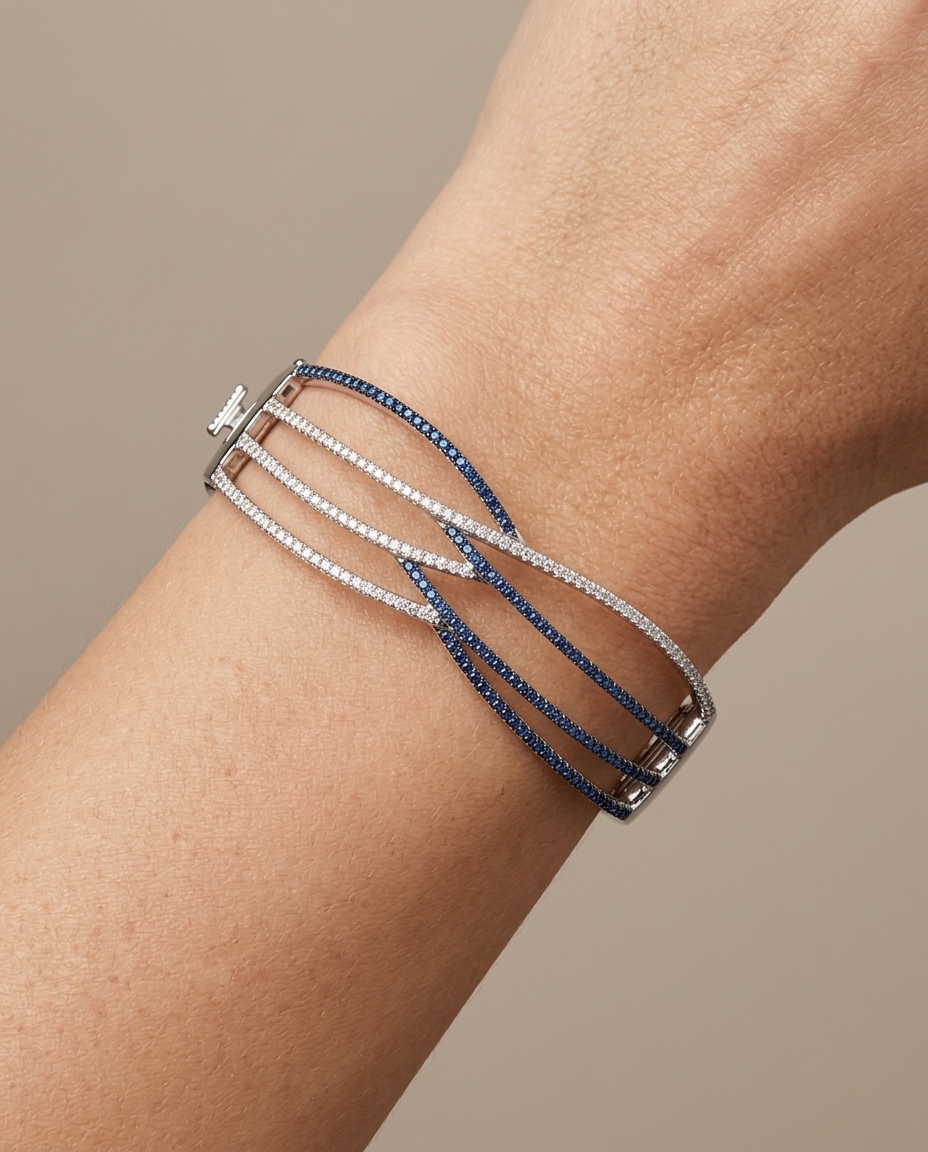 14KT White Gold White and Blue Diamond Bangle view 2