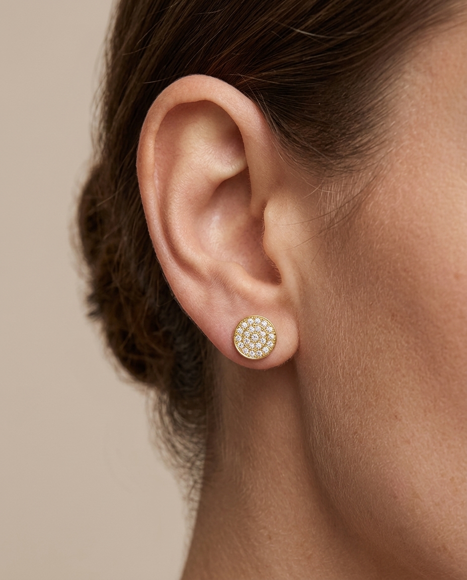 14KT Gold Diamond Round Disk 10 MM Ear Studs on model