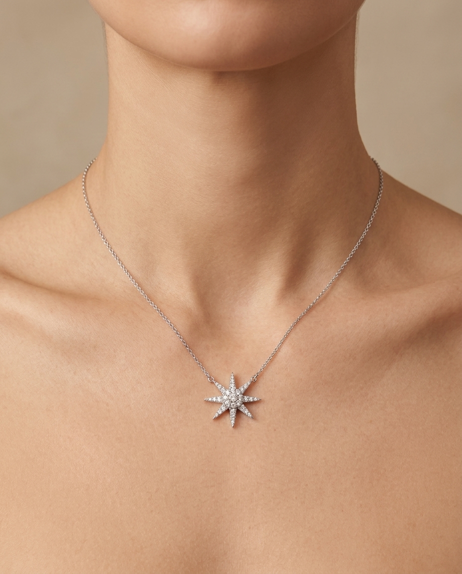 14KT White Gold Diamond Sunburst Necklace on model