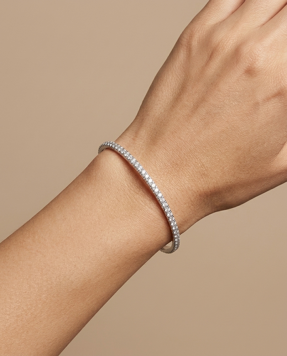 14KT Italian White Gold Diamond Flexible Bangle on model