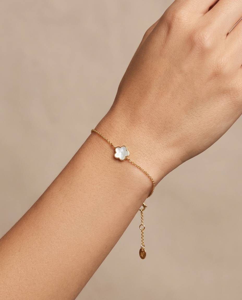 14KT Gold Mother of Pearl Flower Bracelet view 2