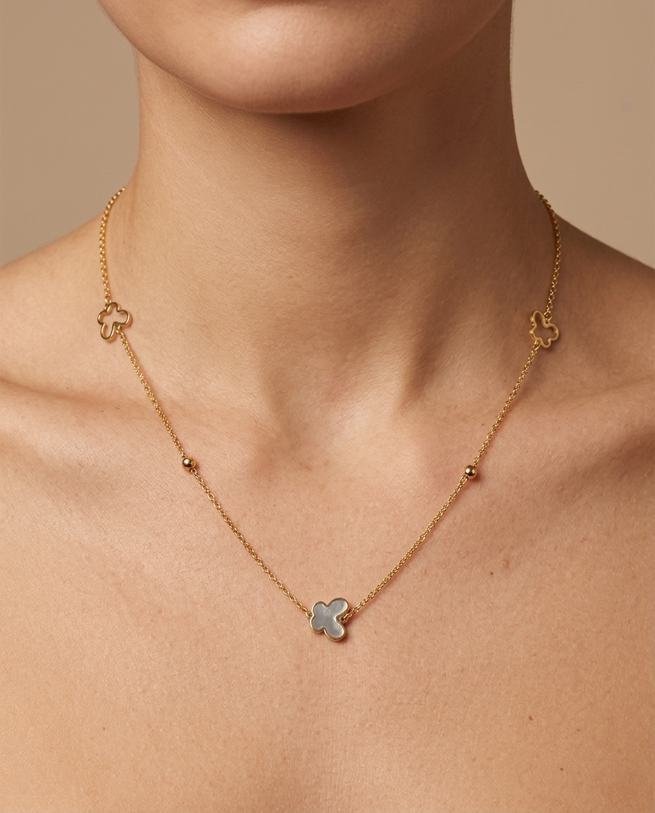 14KT Gold Mother of Pearl Butterfly and Ball Necklace on model