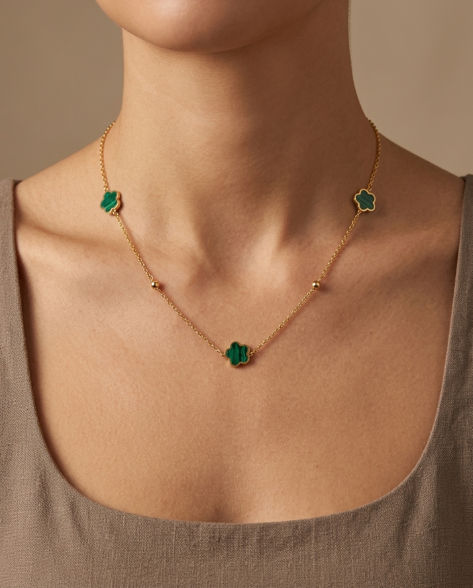 14KT Gold Malachite Flower and Ball Necklace view 2