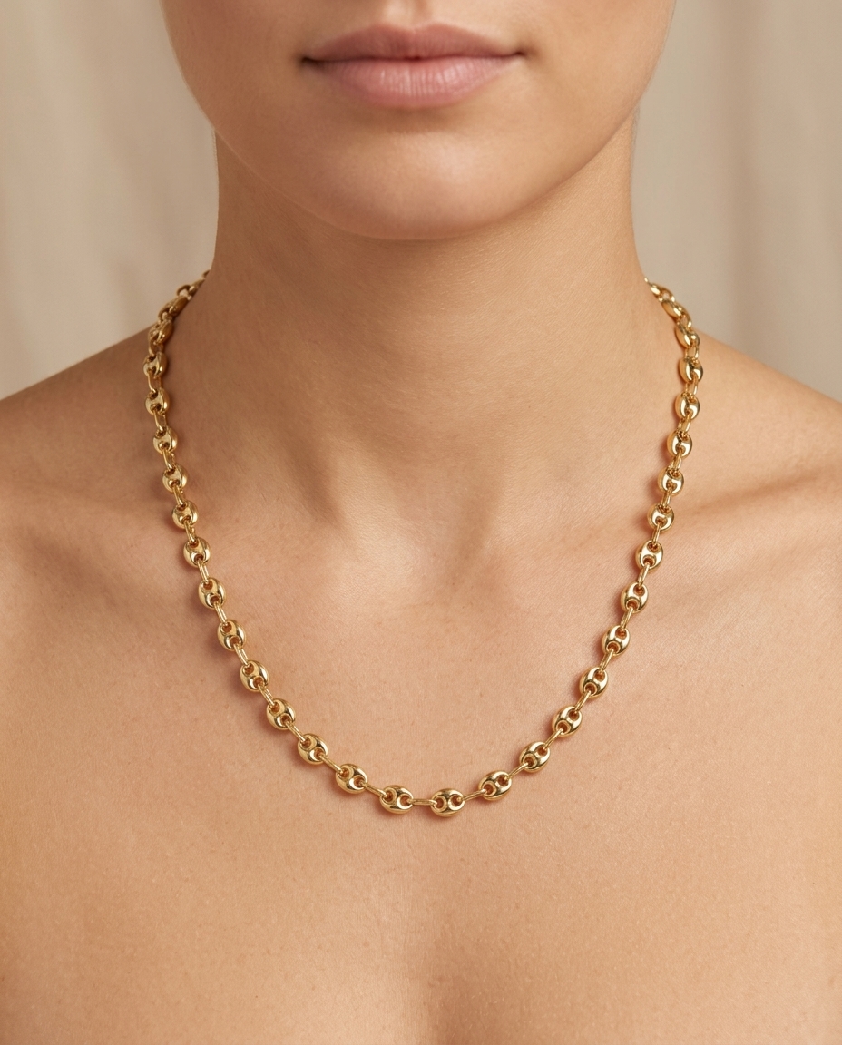 14KT Gold Hollow Puff Mariner Necklace on model