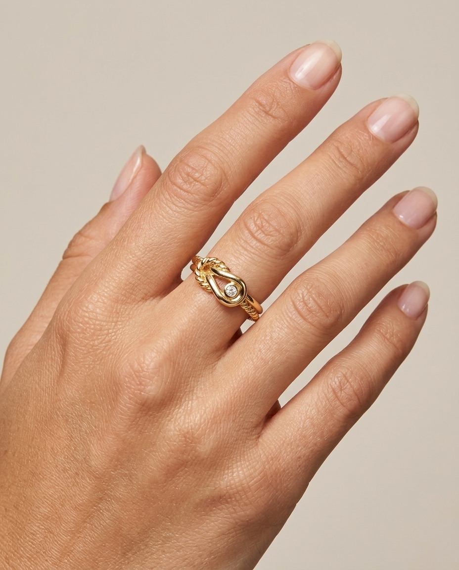 14KT Yellow Gold Diamond Rope Ring on model