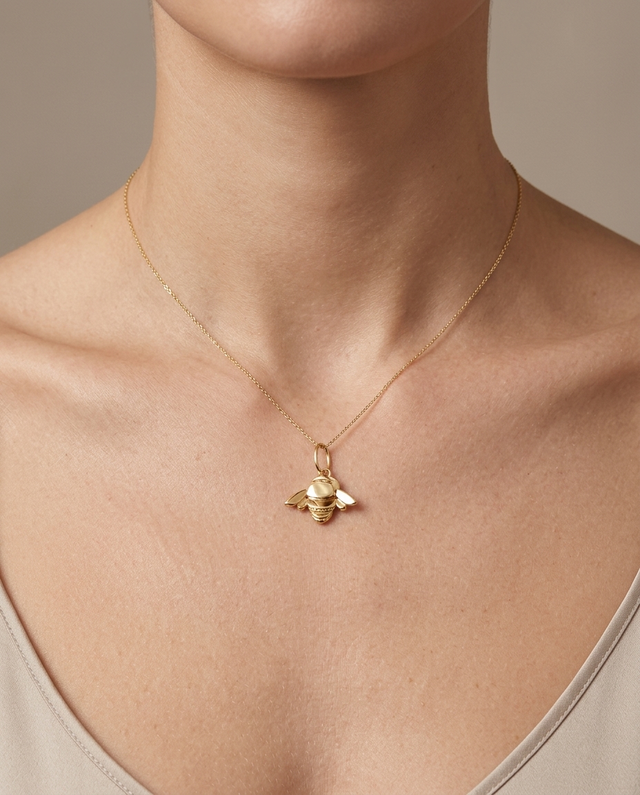 14KT Yellow Gold Bee Design Pendant on model