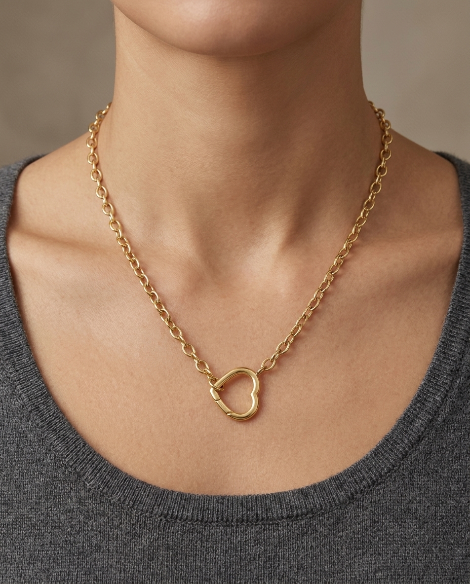 14KT Gold Heart Lock Necklace on model