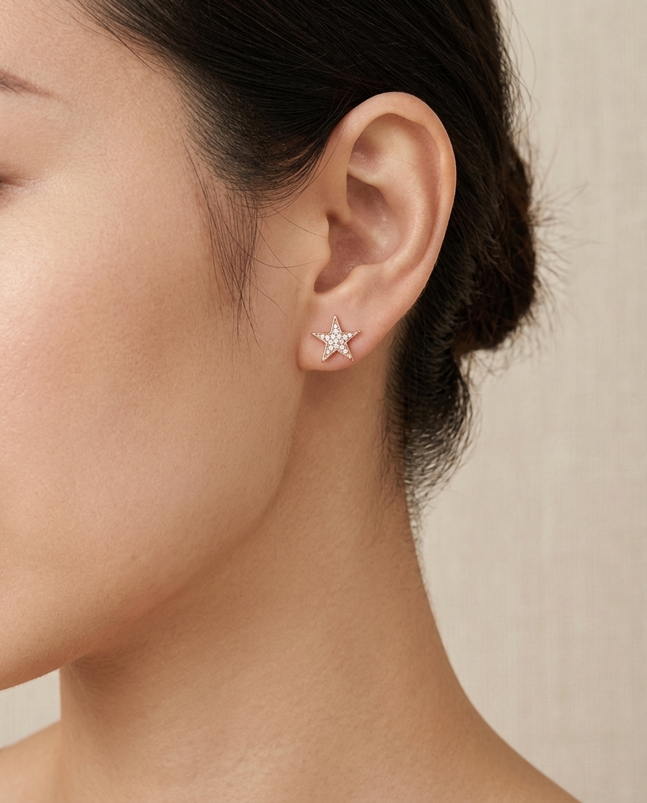 14KT Rose Gold Diamond Star Earring on model